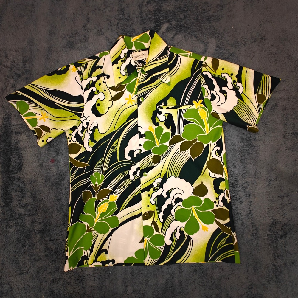 Vintage 1960s Hawaii Nei Honolulu Green Floral Aloha Shirt Big Collar Mens S/M - Picture 2 of 13